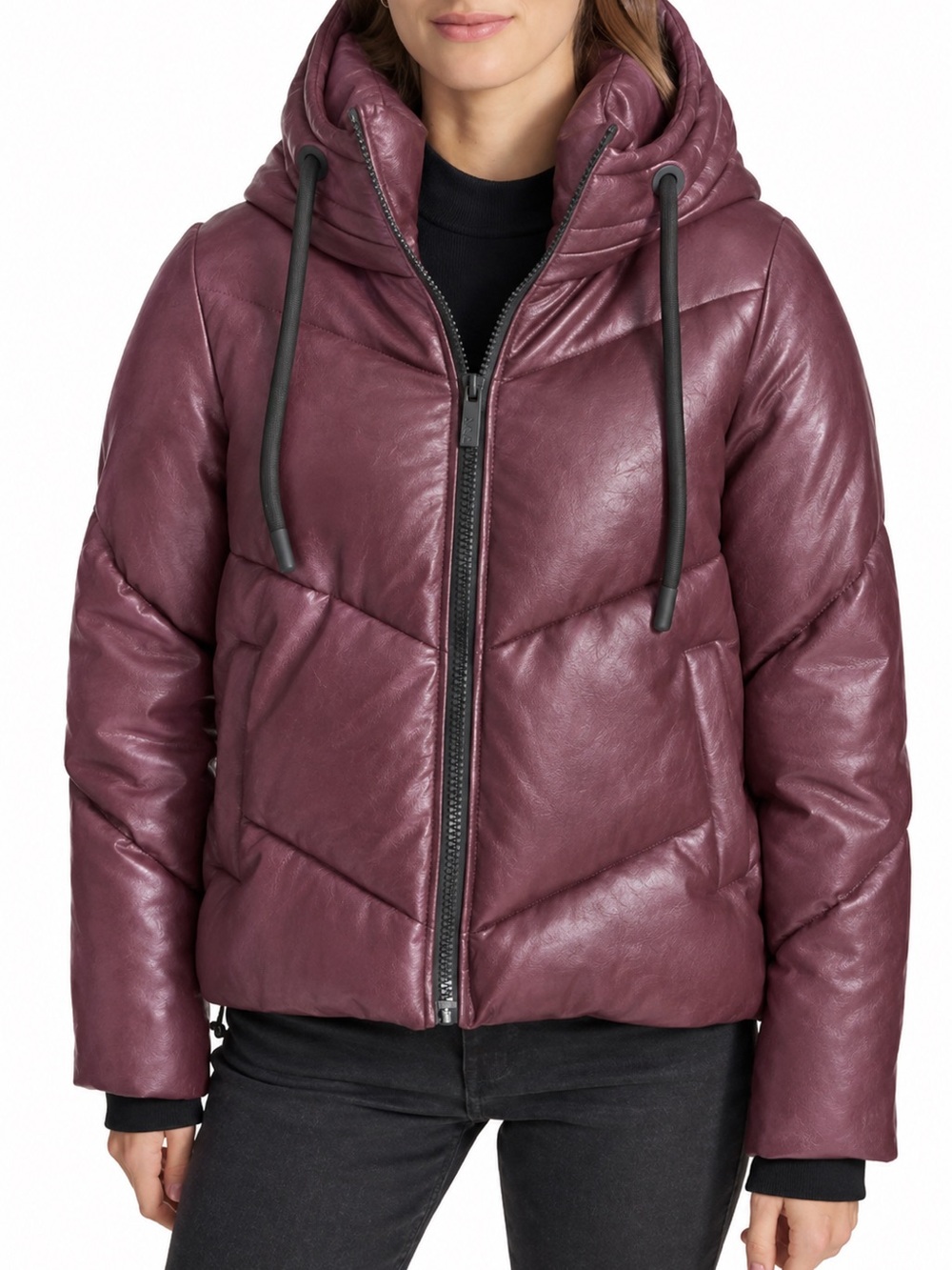 Marc NY Faux Leather Burgundy Hooded Puffer Jacket. Size Small